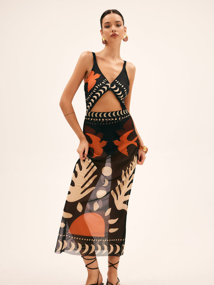 Bird Print Mesh Cover Up Maxi Skirt