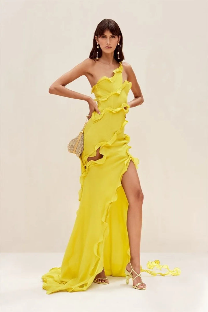 Izzy One Shoulder Ruffle Maxi Chiffon Dress